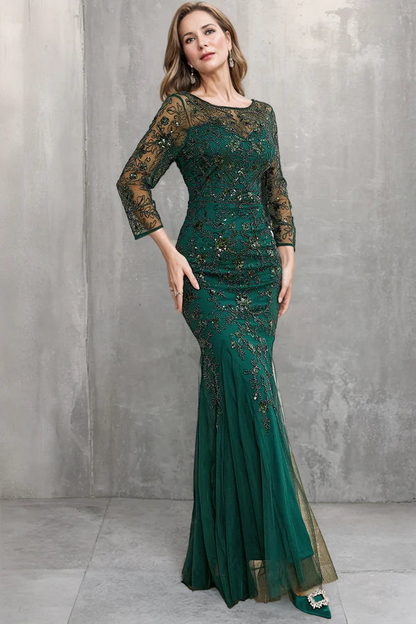 Mermaid Dark Green Long Sleeves Beading Mother of Bride Dress